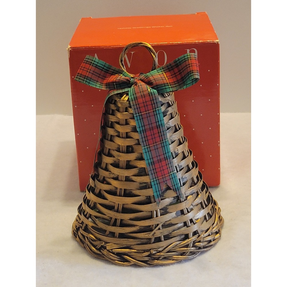Avon Holiday Greetings Wicker Bell Vintage Farmhouse Christmas Decor Gold Plaid